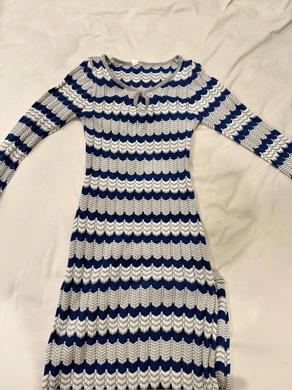 CHQCDarlys Women's Long Sleeve Knit Maxi Dress Blue White Knit Maxi Dress